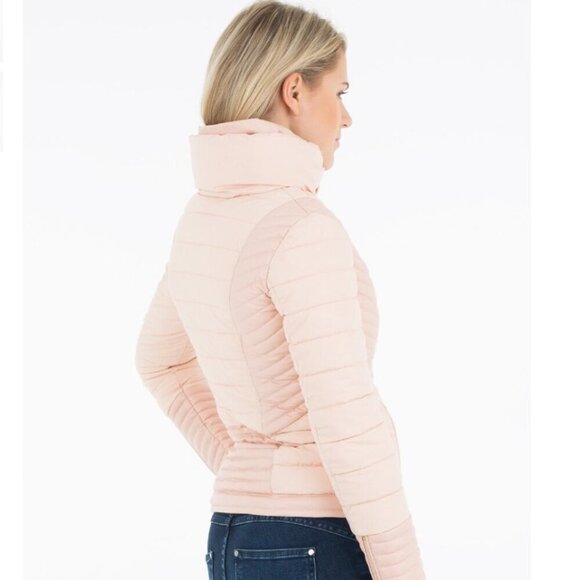 GUESS stretch water/windproof blush pink puffer moto contrasting vegan leather M - Picture 2 of 16
